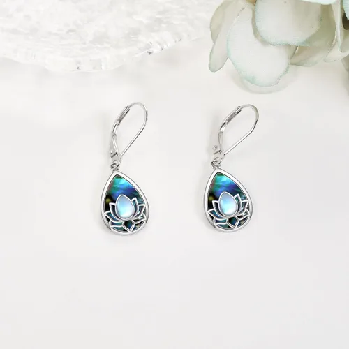 Vista 3 de Aretes de flor de loto 925 plata de ley 925 con diseño de loto azul, aretes colgantes con cierre de palanca, regalo de joyería para mujer