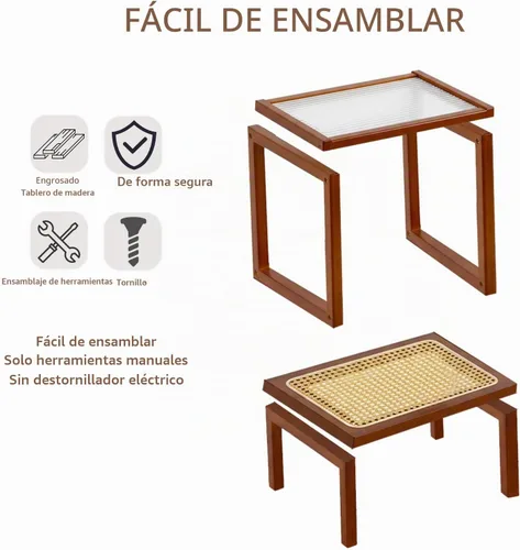 Vista 7 de Tiita Mesa auxiliar de ratán, mesita de noche de mediados de siglo, mesas de noche de bambú de 2 niveles, mesas de café de cristal, mesa auxiliar