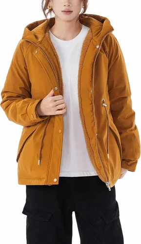 Vista 13 de JiangWu - Chaqueta con capucha de estilo Sherpa para mujer, forro polar grueso, abrigada para invierno A-Negro