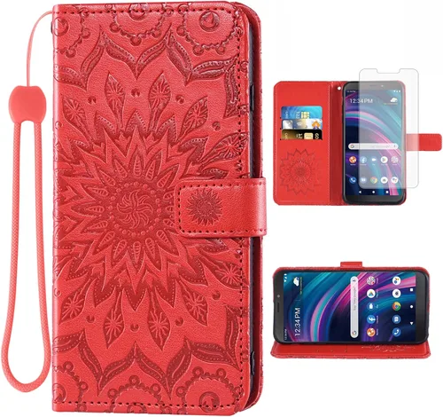 Vista 9 de Asuwish Funda para teléfono BLU View 3 B140DL con protector de pantalla de vidrio templado y piel de girasol, delgada, soporte para tarjetas Azul