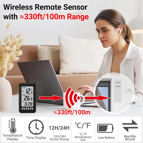 Vista 3 de Termómetro para interiores y exteriores Termómetro inalámbrico para casa LCD ℃/℉ Reloj digital Medidor de temperatura con transmisor Números fáciles