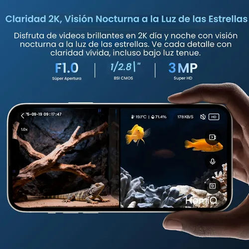 Vista 2 de Cámara para mascotas de acuario y terrario 3MP 2K. Instalación magnética y lente de enfoque cercano para peces, lagartos, reptiles y comedero