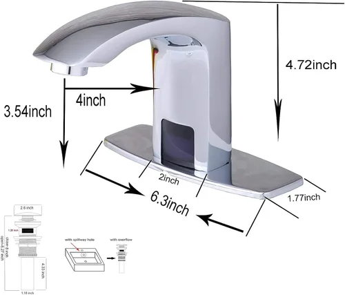 Vista 2 de Grifo de lavabo de baño sin contacto automático cromado con drenaje de placa de cubierta Dual-Powered Vanity Faucets Hands Free Water Tap with