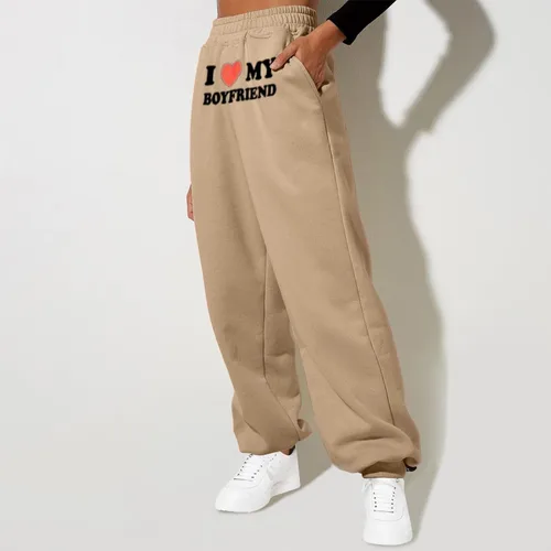 Vista 3 de I Love My Boyfriend - Pantalones deportivos para mujer, de cintura alta, casuales, holgados, con cintura elástica, pantalones de forro polar