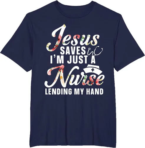 Vista 26 de Jesus Saves I'm Just A Nurse Lending My Hand RN Christian T-Shirt Asphalt Grey