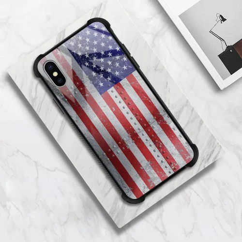 Vista 5 de Funda compatible con iPhone XS, fundas para mujer, a prueba de golpes, antiarañazos, patrón clásico de metal, bandera estadounidense roja y azul