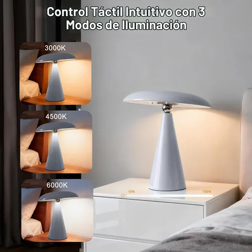 Vista 3 de Lámpara de setas de mediados de siglo moderna, lámpara de mesa LED recargable sin cable, luz de cabecera regulable táctil de 3 temperaturas