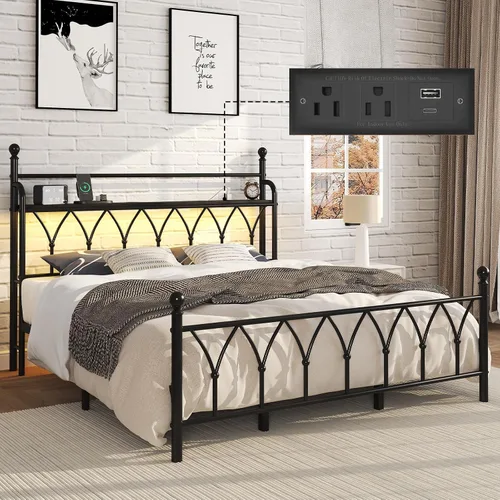 Vista 13 de E-Ser Marco de cama de plataforma de metal tamaño twin con cabecera de almacenamiento, marco de cama con luz LED, estación de carga integrada