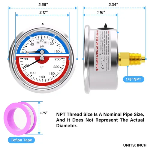 Vista 2 de MEANLIN MEASURE Manómetro térmico de acero inoxidable de 0-160 psi, 30-250 ℉, llenado de líquido, esfera de cara NPT de 2.5 pulgadas, con cinta