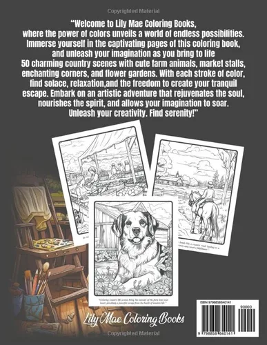 Vista 2 de Country Life Coloring Book 50 Beautiful Scenes of Serene Farm Life, Enchanting Charm Homes, Picturesque Markets, and Lovely Animals. Paint the World