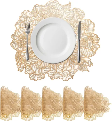 Vista 8 de uxcell Juego de 4 manteles individuales redondos dorados y florales para mesas de cena, manteles individuales metálicos de polivinilo prensado