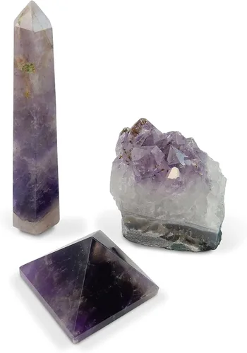 Vista 7 de Beverly Oaks Colección de 3 piezas de cristal de cuarzo transparente natural ~ Torre de obelisco, pirámide y trozo de cuarzo transparente crudo ~
