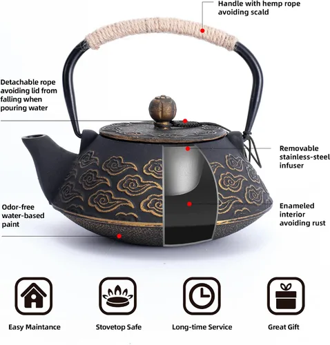 Vista 4 de Tetera de hierro fundido, tetera japonesa con infusor para hojas sueltas, tetera para estufa de té, cubierta segura con interior esmaltado