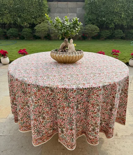 Vista 176 de Ridhi Mantel redondo estampado a mano color rosa flamenco 110 pulgadas 100%