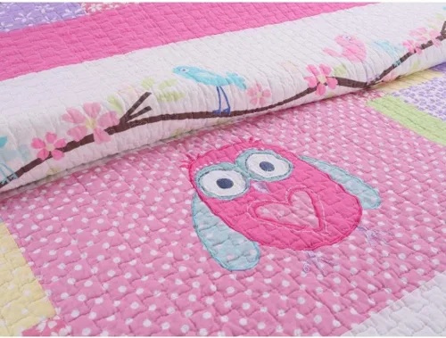 Vista 3 de Juego de edredón y funda de almohada de algodón para niña, 2 piezas, diseño de búho, pájaros, rosa, turquesa, verde, algodón