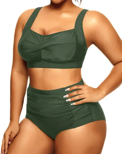 Vista 3 de Daci Bikini de cintura alta para mujer, traje de baño de dos piezas con control de abdomen, parte delantera torcida, retro, con parte inferior