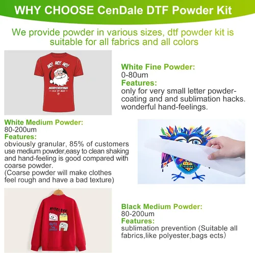 Vista 2 de CenDale DTF Powder Kit, Includes Fine Medium, White Black Digital DTF Transfer Powder for Sublimation, Compatible with DTF and DTG Printers, DTF