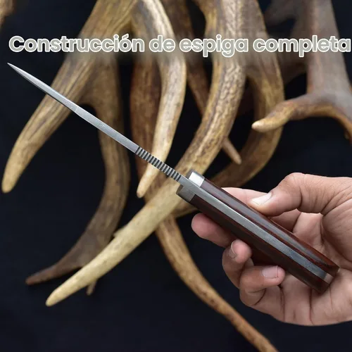 Vista 5 de Knives Ranch Cuchillo de Caza Artesanal de 9-1/2"- Cuchillo de Bushcraft y Campamento de Acero Damasco con Espiga Completa- Mango de Palisandro
