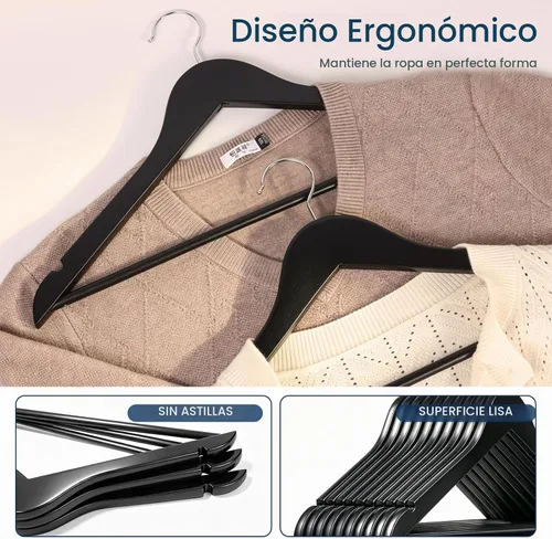 Vista 3 de Amber Home Perchas de madera maciza para trajes, paquete de 30 perchas de madera con acabado negro liso con barra antideslizante para pantalones