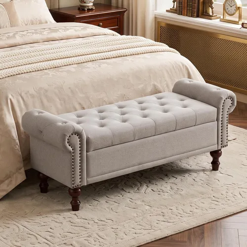 Vista 15 de SOFTHION Banco de almacenamiento de 58.1 pulgadas para dormitorio, cojín de chenilla, color marrón claro Chenille marrón claro