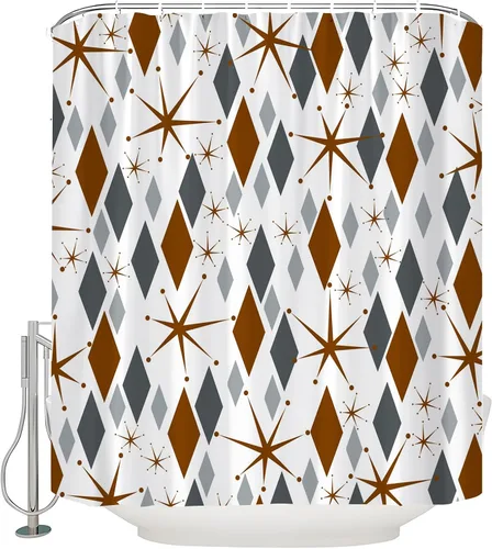 Vista 10 de Mid Century Shower Curtain Modern Blue Grey Abstract Geometric Atomic Vintage 1950s 60s Minimalist Retro Boho Fabric Curtain with Hook