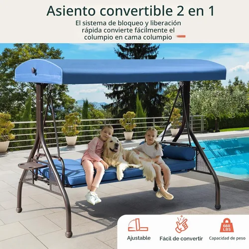 Vista 3 de Columpio NOBLEMOOD para porche de 3 asientos con toldo ajustable y bandejas laterales Azul