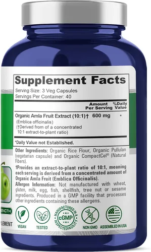 Vista 2 de NusaPure Cápsulas orgánicas de Amla 600 mg, 120 cápsulas vegetales (USDA, veganas, sin OMG)