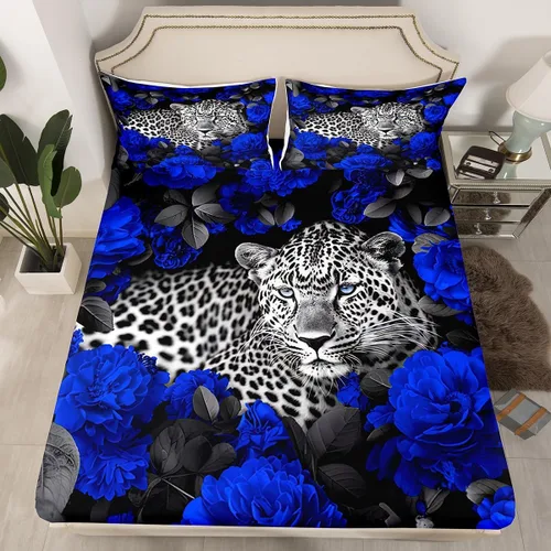 Vista 45 de Erosebridal Juego de sábanas bajeras de rosas rojas y leopardo, tamaño individual, diseño de animales africanos salvajes, diseño de plantas