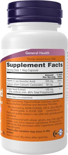 Vista 2 de NOW Suplementos, Semilla de Uva 100 mg - Extracto estandarizado, extracto altamente concentrado con un mínimo de 90% de polifenoles, con vitamina C