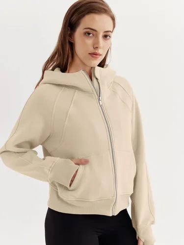Vista 2 de WYNNQUE Sudaderas cortas con capucha y cremallera para mujer, sudadera con cremallera completa, suéter de invierno con bolsillo