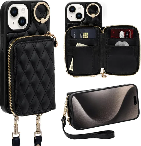 Vista 26 de Funda para iPhone 12 Pro/iPhone 12 de 6.1 pulgadas, cartera cruzada con cremallera para mujer, tarjetero con bloqueo RFID, funda de cuero con Negro