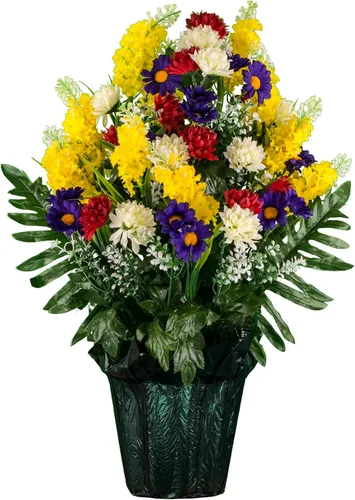 Vista 13 de Sympathy Silks Flores artificiales para cementerios – Decoraciones para tumbas - 1 ramo de flores silvestres de violeta púrpura y naranja, 1 montura