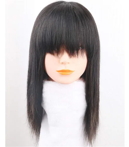 Vista 2 de Peluca de cabello humano con clip y flequillo, peluca para cabello fino para mujer, 8 pulgadas, marrón rojizo