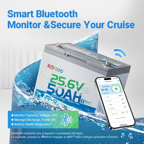 Vista 3 de Redodo LiFePO4 Batería inteligente Bluetooth 24V 50Ah TM baja temperatura, batería de litio integrada en 50Ah BMS, 10 años de vida útil, perfecta