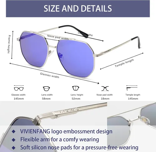 Vista 4 de VIVIENFANG Gafas de sol de aviador polarizadas hexagonales retro para mujeres y hombres, UV400 con tonos cuadrados flexibles de metal VF2207