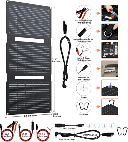 Vista 4 de FlexSolar Kits de mantenimiento de cargador de goteo de panel solar plegable de 15 W, salida USB y CC de 12 V con controlador integrado, incluye