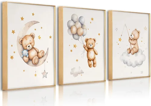 Vista 9 de 3 piezas de arte de pared con marco de oso de peluche para guardería, lienzo con oso durmiendo en la luna y estrellas, decoración de pared, imágenes