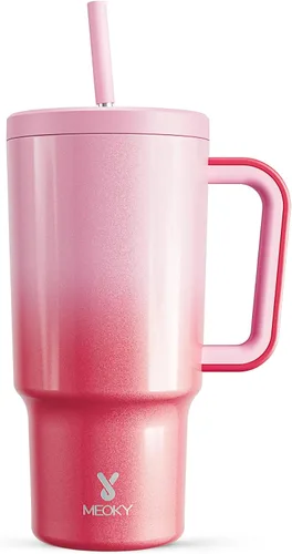 Vista 56 de Meoky - Vaso de 30 oz con asa, tapa y pajilla, taza de viaje térmica de acero inoxidable 100% a prueba de fugas, para portavasos, mantiene el frío