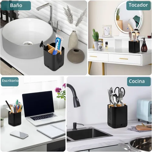 Vista 5 de Boperzi Portacepillos de dientes negros para baño, soporte eléctrico para cepillos de dientes con divisor de bambú, cepillo de dientes