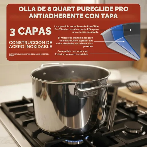 Vista 2 de Viking PureGlide Pro - Olla antiadherente de 3 capas, fabricada sin PFAS, olla de cocción de sopa de inducción de 8 cuartos de galón con tapa