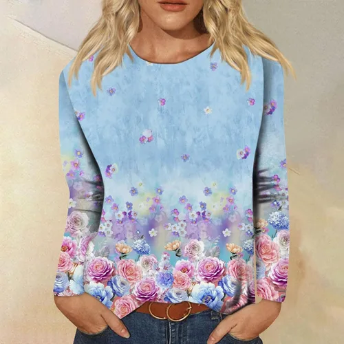 Vista 2 de LPIGOH Camisas de manga larga para mujer, camisetas de manga larga con cuello redondo, camisetas básicas, cómodas, estampadas, blusas