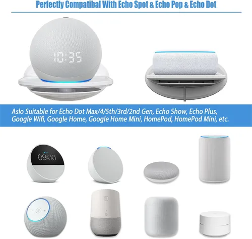 Vista 3 de Estante de montaje en pared, compatible con Echo Spot, Echo Pop, Echo Dot, HomePod Mini, Google Home, con almacenamiento de cable, fácil