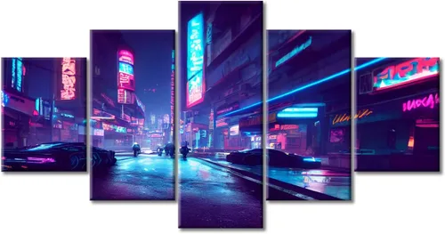 Vista 47 de Cuadros de 5 paneles de Cyberpunk City, arte de pared, representación de vallas publicitarias, edificios modernos en la capital con obras de arte