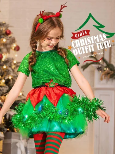 Vista 2 de Kakaco Juego de tutú de Navidad para niñas con diseño de reno rojo, diadema de Navidad, tutú de tul para niñas