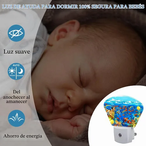 Vista 4 de Luz nocturna submarina de dibujos animados para niños, luz nocturna LED de peces tropicales, enchufable a la pared con sensor de atardecer a