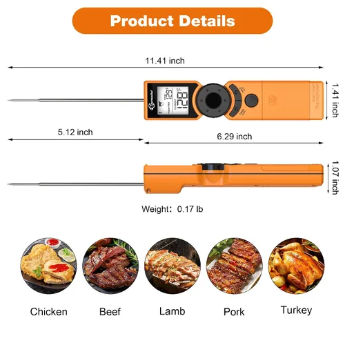 Vista 5 de Termómetro digital de carne para parrilla, termómetros de alimentos de lectura instantánea para cocinar con guía de cocción de alimentos, Naranja