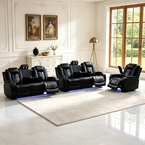 Vista 55 de Juego de sofás reclinables eléctricos, juegos de muebles de sala de estar, sofá reclinable eléctrico moderno negro, sofá biplaza y silla