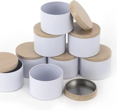 Vista 6 de 24 latas de velas blancas de 8 onzas con tapas de impresión de grano de madera de metal. Tarros de velas, latas de velas a granel para hacer velas