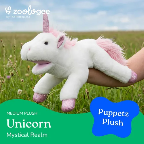 Vista 2 de The Petting Zoo Marioneta de peluche de unicornio de mano, regalos para niños, animales de marioneta, juguete de peluche interactivo de unicornio