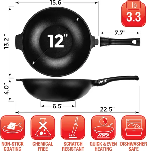 Vista 2 de Wok antiadherente de aluminio de 12 pulgadas, compatible con inducción, ligero